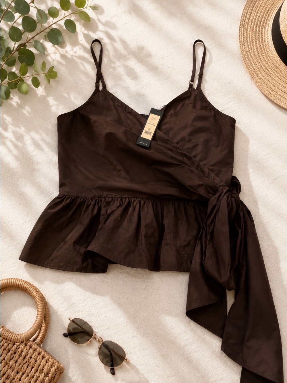 BCBG Brown Wrap Peplum Cami with Side Tie